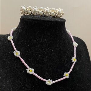 Elegant Faux Pearl and Pink Beaded Necklace and Hair Clip